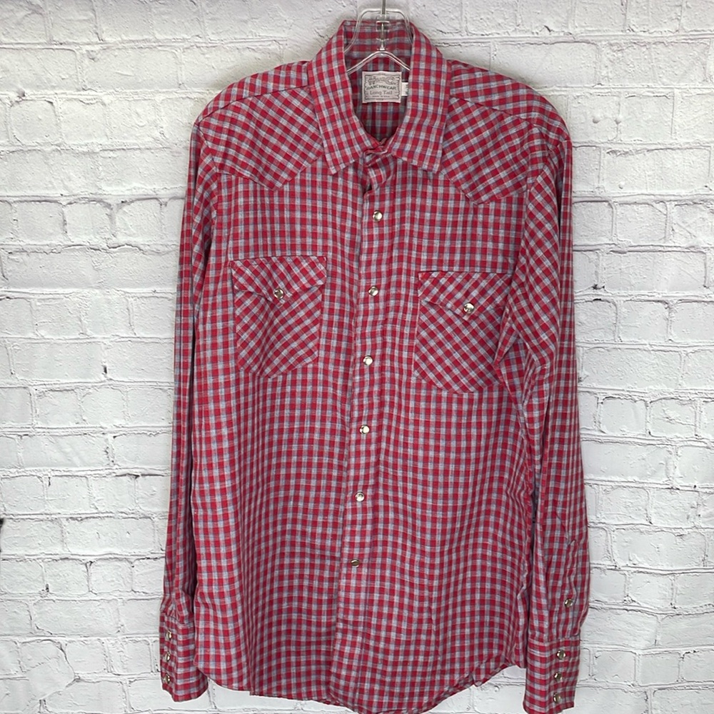 ⭐️Vtg H Bar C Ranchwear long tail pearl snap mens plaid button up shirt SZ 16-36